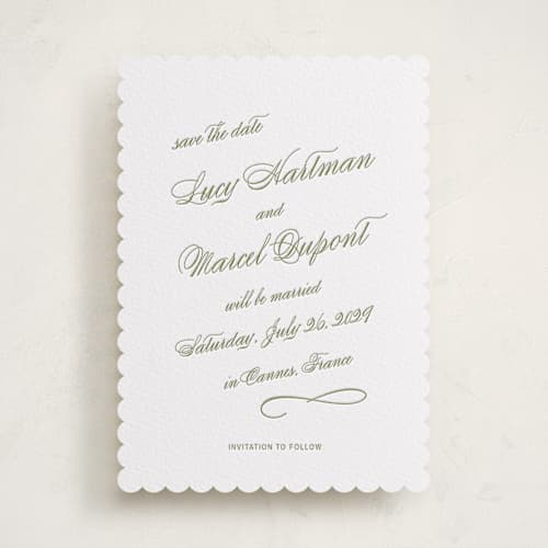 This is a olive save the date with letterpress by Ani Somi called love in the afternoon printing on white cotton in standard