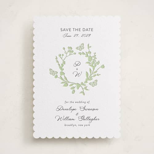 This is a matcha save the date with letterpress by Susan Moyal called flower garden printing on white cotton in standard