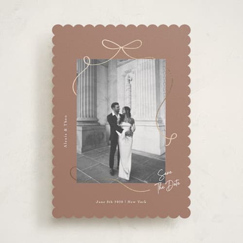 This is a coffee foil stamped save the date cards with foil pressed by Elly called gentle bow printing on recycled smooth signature in standard