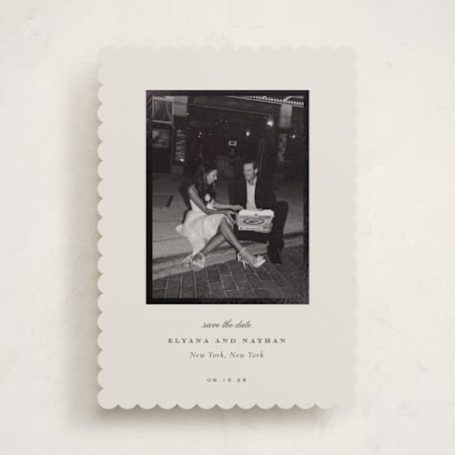 This is a cream foil stamped save the date cards with foil pressed by Sara Hicks Malone called classically yours printing on recycled smooth signature in standard