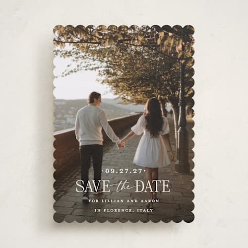 This is a powder save the date with standard by Carolyn MacLaren called together forever printing on recycled smooth signature in standard
