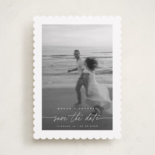 This is a ivory save the date with standard by Pippa Shaw called gaussian printing on recycled smooth signature in standard
