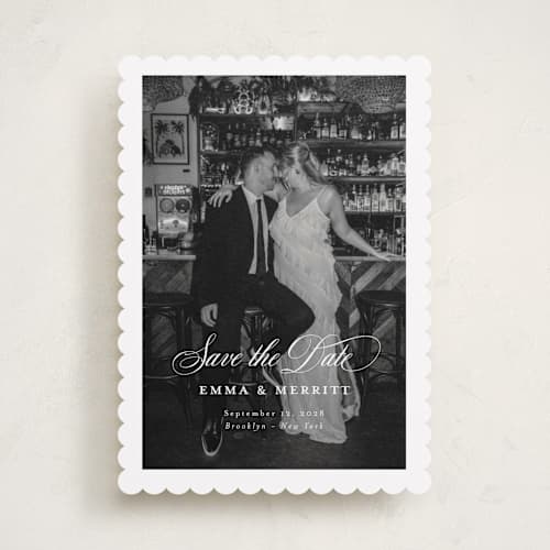 This is a ivory save the date with standard by Benita Crandall called the classic printing on recycled smooth signature in standard