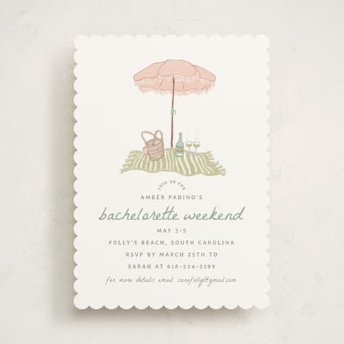 This is a seafoam bachelorette party invitations with standard by Erin Kessler called beach bachelorette printing on signature in standard