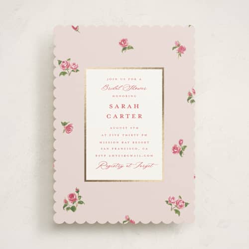 This is a blush bridal shower invitations with foil pressed by Teju Reval called romantic roses printing on signature in standard