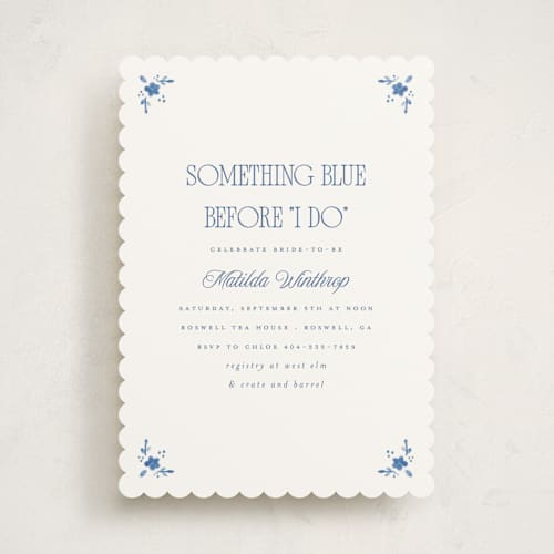 This is a porcelain bridal shower invitations with standard by Morgan Kendall called delft printing on signature in standard