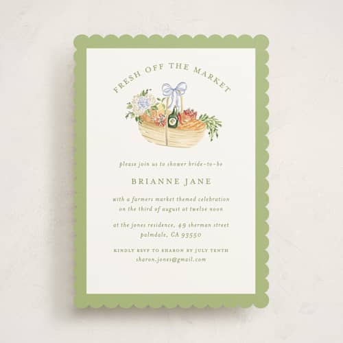 This is a sage leaf bridal shower invitations with standard by Sarah Knight called market printing on signature in standard