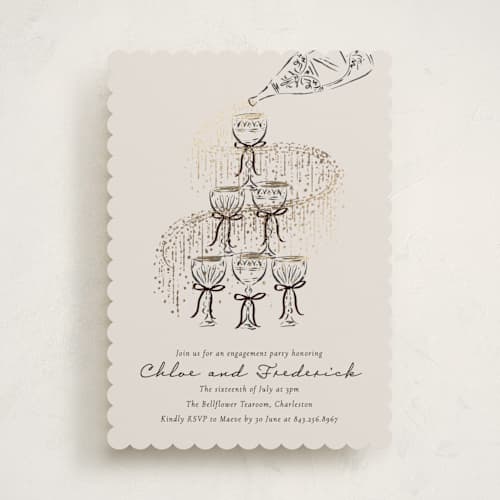 This is a noir engagement party invitations with foil pressed by Jackie Crawford called sparkling champagne tower printing on signature in standard