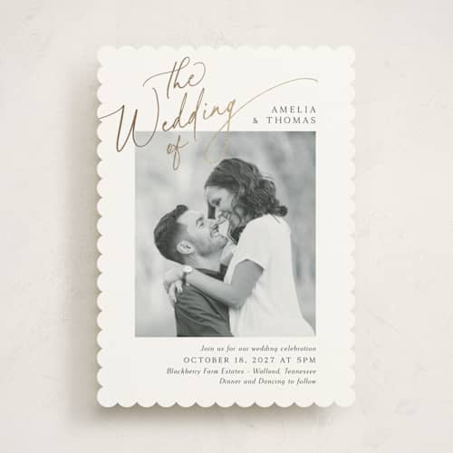 This is a marshmallow foil stamped wedding invitations with foil pressed by Kaydi Bishop called the wedding printing on signature in standard
