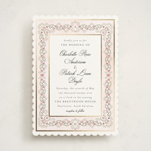 This is a peony foil stamped wedding invitations with foil pressed by Susan Moyal called embrace printing on signature in standard
