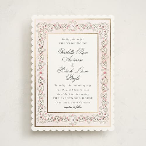 This is a peony foil stamped wedding invitations with foil pressed by Susan Moyal called embrace printing on signature in standard