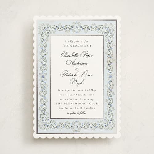 This is a marine foil stamped wedding invitations with foil pressed by Susan Moyal called embrace printing on signature in standard