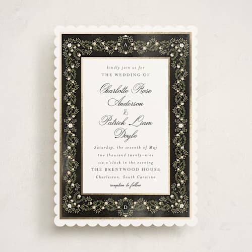 This is a midnight foil stamped wedding invitations with foil pressed by Susan Moyal called embrace printing on signature in standard