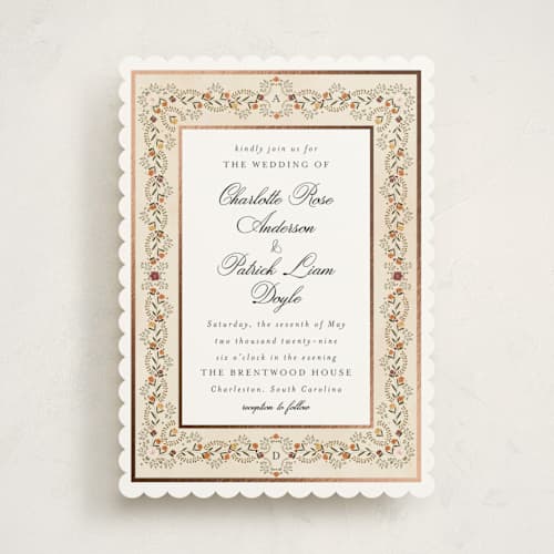 This is a copper foil stamped wedding invitations with foil pressed by Susan Moyal called embrace printing on signature in standard