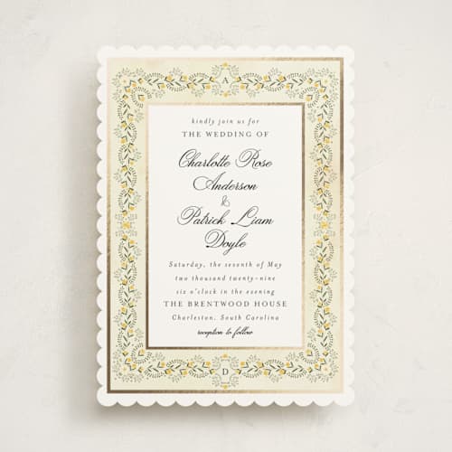 This is a citrus foil stamped wedding invitations with foil pressed by Susan Moyal called embrace printing on signature in standard