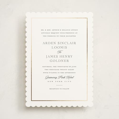 This is a pearl foil stamped wedding invitations with foil pressed by Stacey Meacham called opulence printing on signature in standard