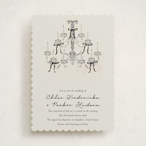This is a noir foil stamped wedding invitations with foil pressed by Jackie Crawford called hand illustrated whimsical chandelier printing on signature in standard