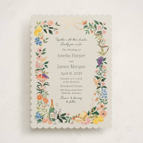 This is a garden foil stamped wedding invitations with foil pressed by Elly called garden feast printing on signature in standard