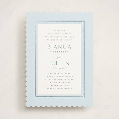This is a sky foil stamped wedding invitations with foil pressed by Kristie Kern called soleil printing on signature in standard