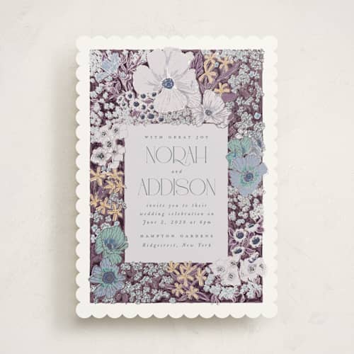 This is a peacock foil stamped wedding invitations with foil pressed by Leah Bisch called in the garden printing on signature in standard