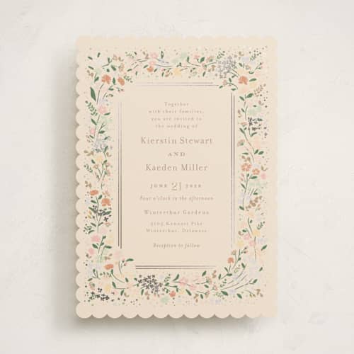This is a ivory foil stamped wedding invitations with foil pressed by Jennifer Wick called esther's garden printing on signature in standard