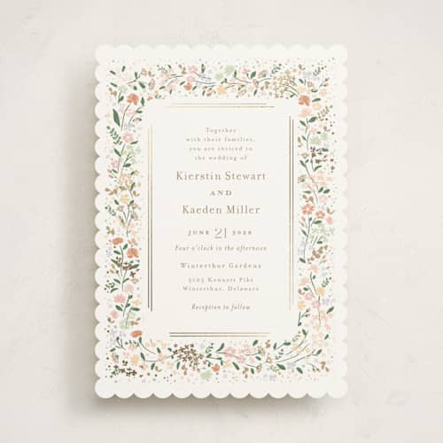 This is a lily foil stamped wedding invitations with foil pressed by Jennifer Wick called esther's garden printing on signature in standard
