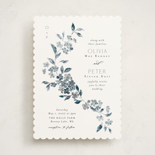 This is a prussian blue foil stamped wedding invitations with foil pressed by Itsy Belle Studio called sweeping vine printing on signature in standard