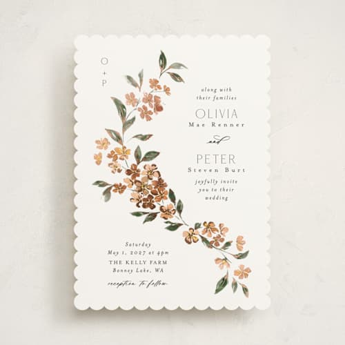 This is a terracotta foil stamped wedding invitations with foil pressed by Itsy Belle Studio called sweeping vine printing on signature in standard