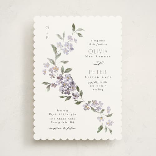 This is a periwinkle foil stamped wedding invitations with foil pressed by Itsy Belle Studio called sweeping vine printing on signature in standard