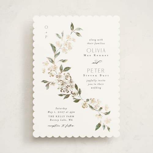 This is a porcelain foil stamped wedding invitations with foil pressed by Itsy Belle Studio called sweeping vine printing on signature in standard