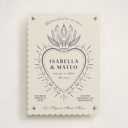 This is a indigo wedding invitations with standard by Ani Somi called milagro printing on signature in standard