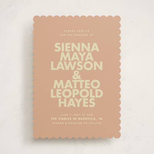 This is a salmon wedding invitations with standard by Ellen Schlegelmilch called sienna printing on signature in standard