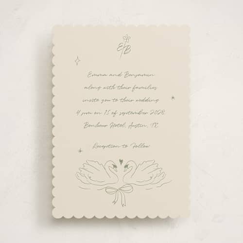 This is a olive wedding invitations with standard by Helena Vitto called the swan printing on signature in standard