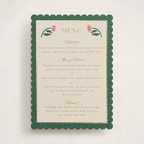 This is a pistachio menu cards with foil pressed by Creo Study called indian garden printing on signature in standard