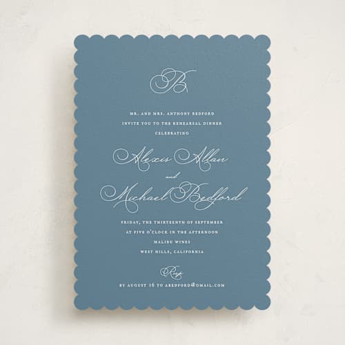 This is a porcelain rehearsal dinner invitations with standard by Jennifer Postorino called initial printing on signature in standard