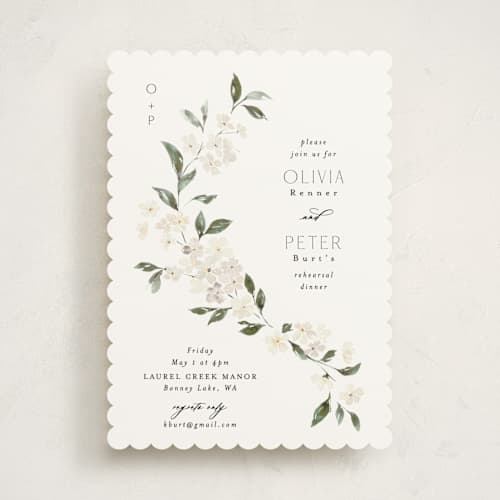 This is a porcelain rehearsal dinner invitations with standard by Itsy Belle Studio called sweeping vine printing on signature in standard