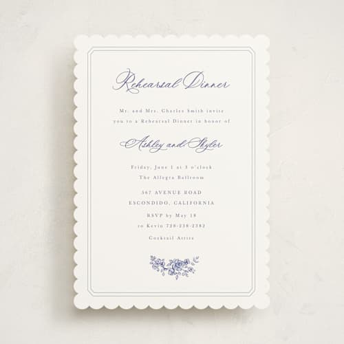 This is a dusty blue rehearsal dinner invitations with standard by Cass Loh called watercolor flowers crest printing on signature in standard