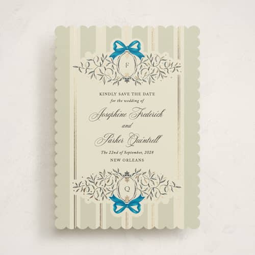 This is a marine foil stamped save the date cards with foil pressed by Jackie Crawford called josephine printing on signature in standard