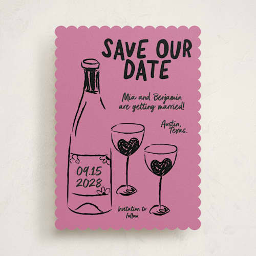 This is a pretty in pink save the date with standard by Helena Vitto called heart of glass printing on signature in standard