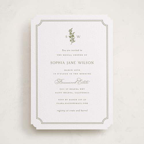 This is a olive bridal shower invitations with letterpress by Yaling Hou Suzuki called simply elegant printing on white cotton in standard