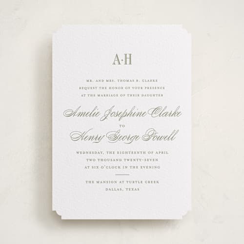 This is a artichoke letterpress wedding invitations with letterpress by Megan Davis called hepburn printing on white cotton in standard