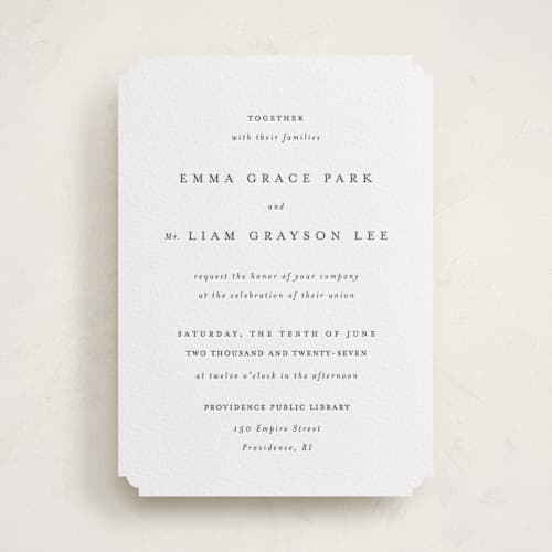 This is a soft black letterpress wedding invitations with letterpress by Design Lotus called a thousand years printing on white cotton in standard