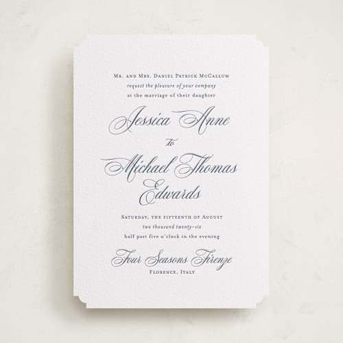 This is a blueberry letterpress wedding invitations with letterpress by Jennifer Postorino called empire printing on white cotton in standard