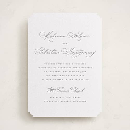 This is a graphite letterpress wedding invitations with letterpress by Wildfield Paper Co called love letters printing on white cotton in standard