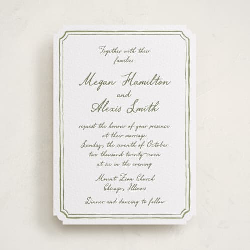 This is a artichoke letterpress wedding invitations with letterpress by Cass Loh called handwritten printing on white cotton in standard