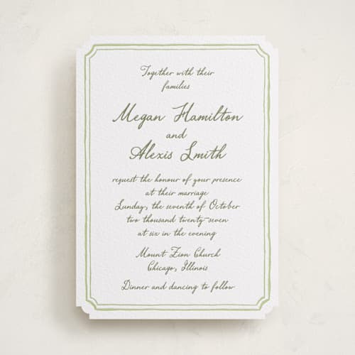 This is a artichoke letterpress wedding invitations with letterpress by Cass Loh called handwritten printing on white cotton in standard