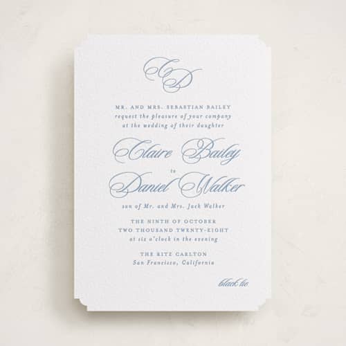 This is a pacific blue letterpress wedding invitations with letterpress by Creo Study called aristocratic printing on white cotton in standard
