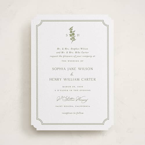 This is a olive letterpress wedding invitations with letterpress by Yaling Hou Suzuki called simply elegant printing on white cotton in standard