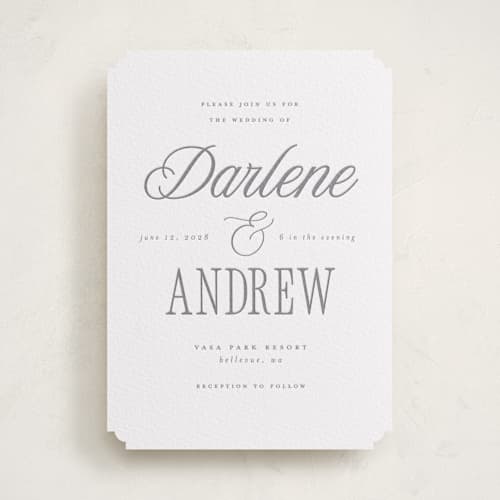 This is a smoke letterpress wedding invitations with letterpress by Vera Lim called icon printing on white cotton in standard