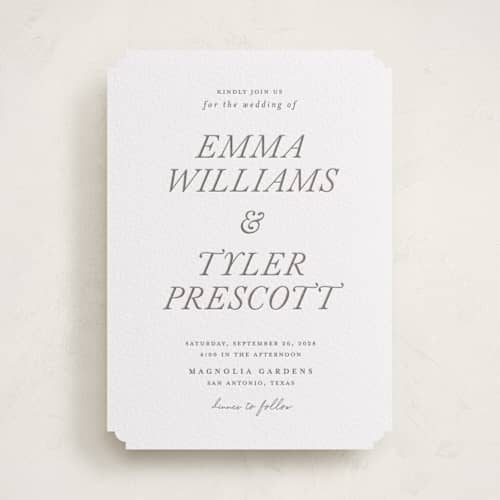 This is a graphite letterpress wedding invitations with letterpress by Eric Clegg called magnolia printing on white cotton in standard
